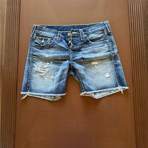 True Religion Blue Distressed Jean Shorts